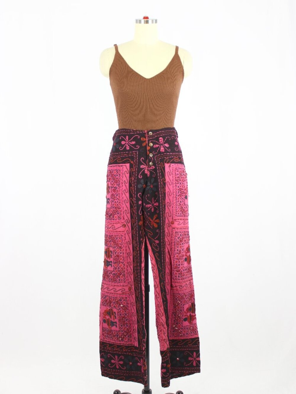 Vintage 90's Pink Embellished Embroidered Cotton Gauze Bootcut Pants, Size L